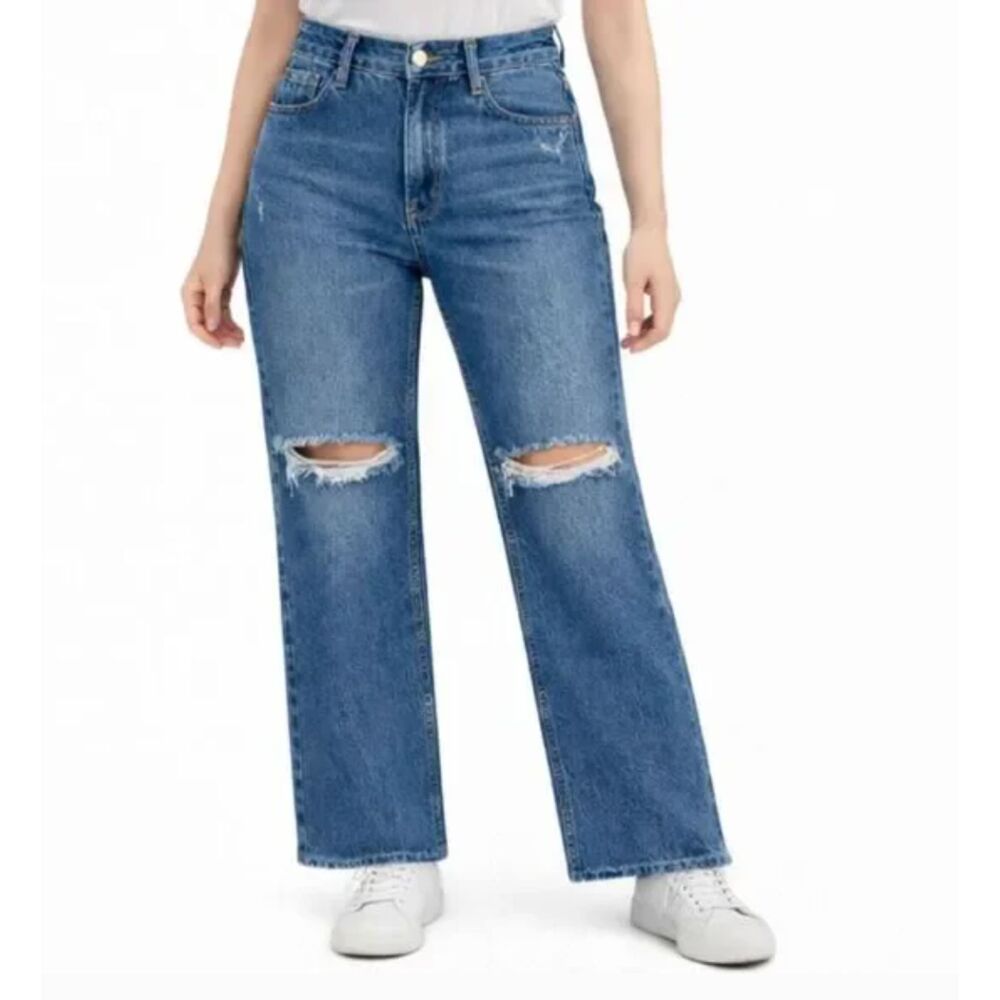 Zara Straight Leg Blue Distressed High Rise Jeans - Size 2